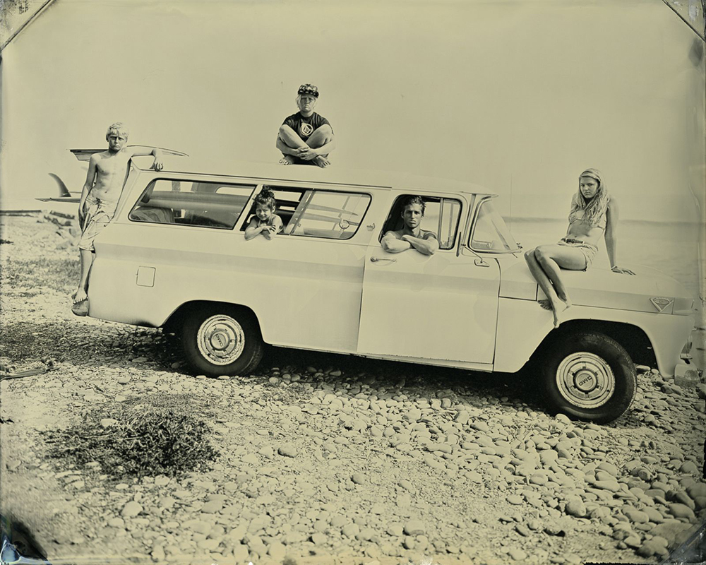 joni sternbach surfland tin type photograph of kids in car on beach